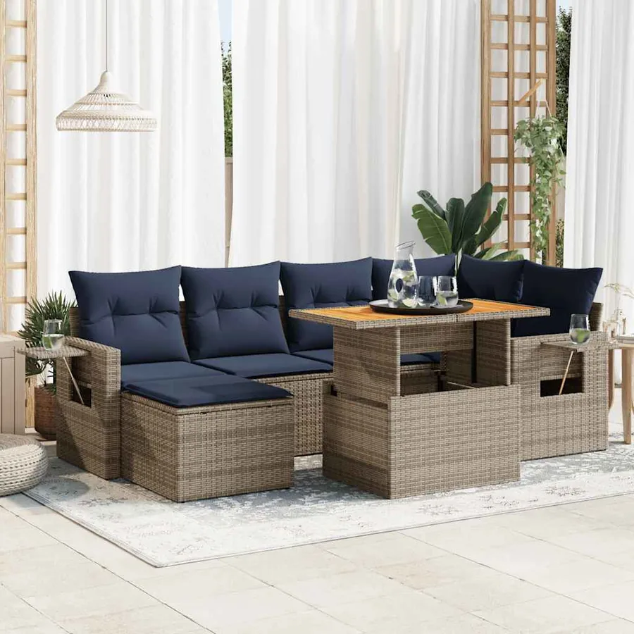 Salon de jardin avec coussins 7 pcs gris résine tressée