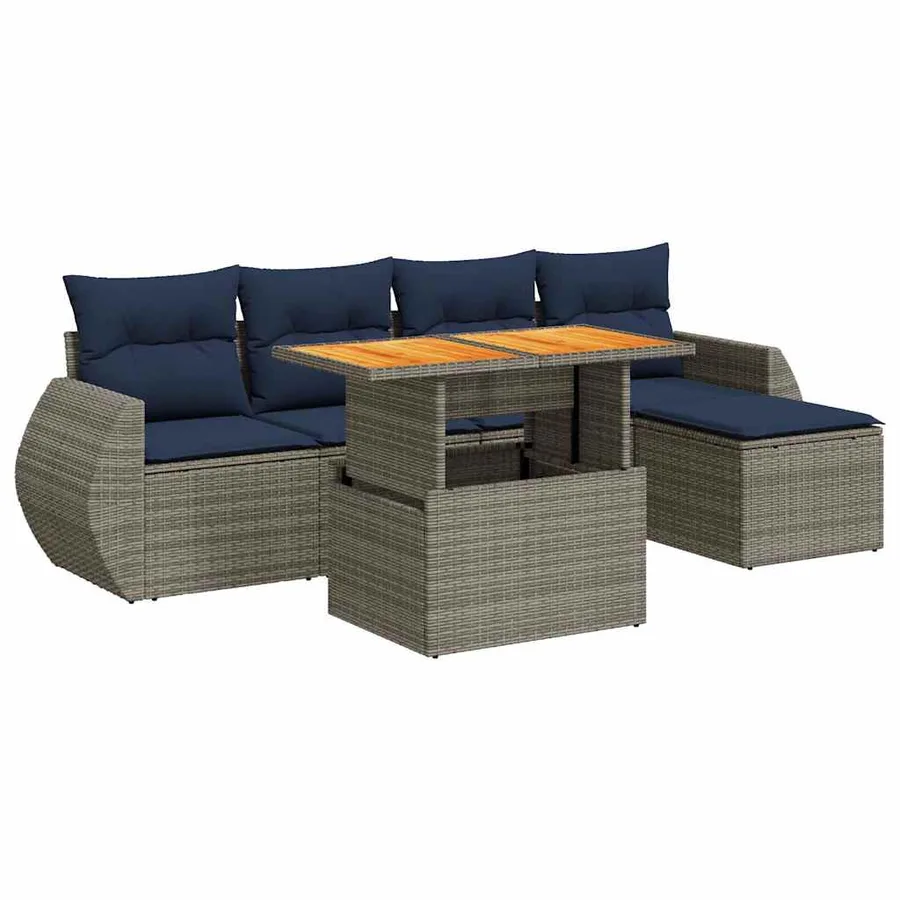 Salon de jardin 6 pcs avec coussins gris résine tressée - 2
