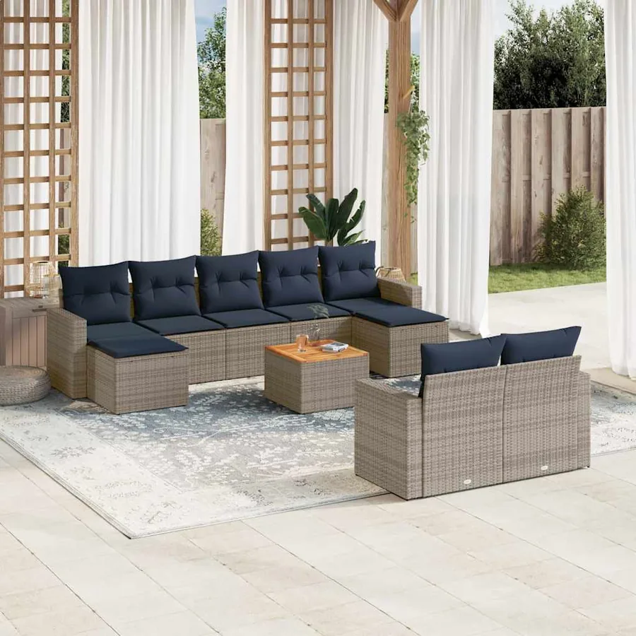 Ensemble de canapé de jardin 10 pcs avec coussins gris résine tressée