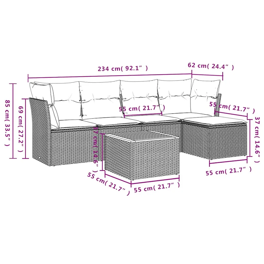 Ensemble de canapé de jardin 6 pcs avec coussins gris résine tressée - 11