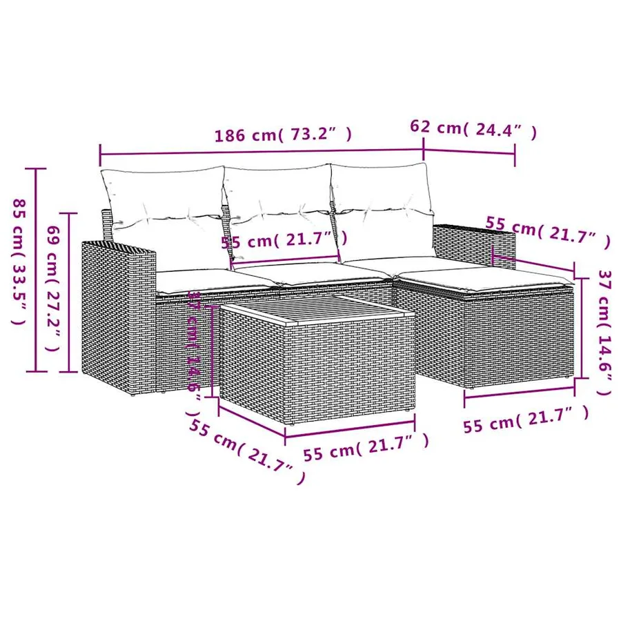 Ensemble de canapé de jardin 5 pcs avec coussins gris résine tressée - 11