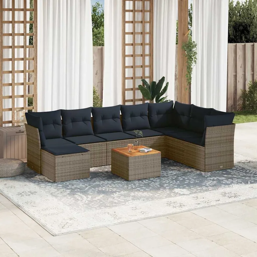 Ensemble de canapé de jardin 9 pcs avec coussins gris résine tressée