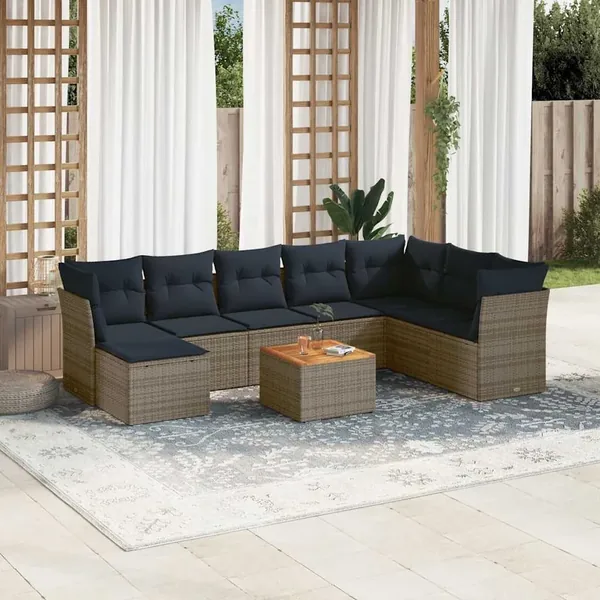 Ensemble de canapé de jardin 9 pcs avec coussins gris résine tressée