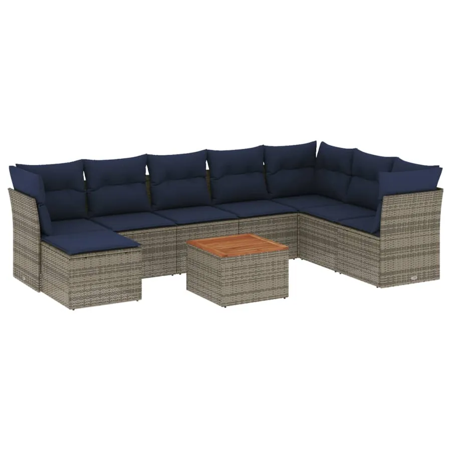Ensemble de canapé de jardin 9 pcs avec coussins gris résine tressée - 2