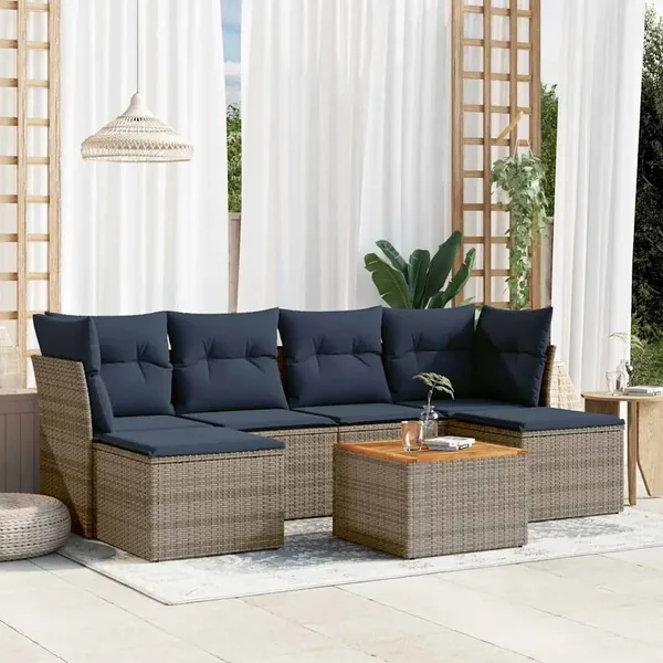 Ensemble de canapé de jardin 7 pcs avec coussins gris résine tressée
