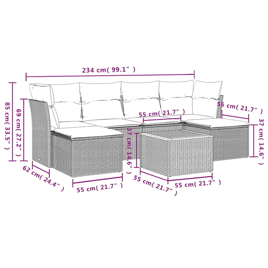 Ensemble de canapé de jardin 7 pcs avec coussins gris résine tressée - 11