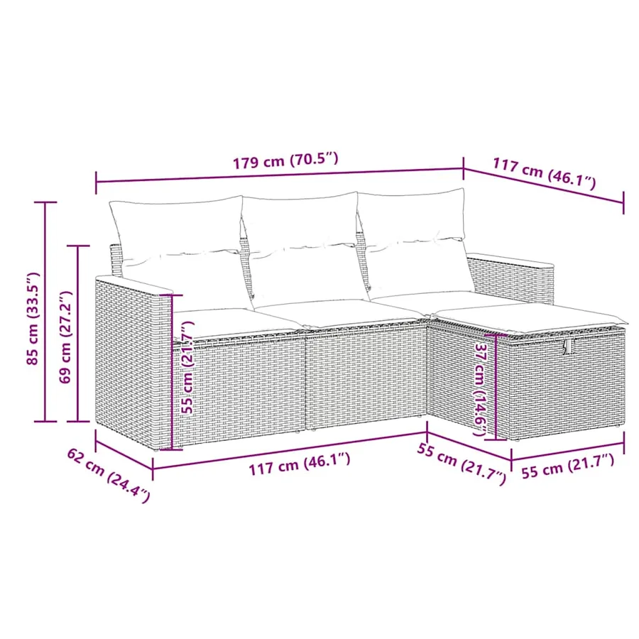 Salon de jardin 4 pcs avec coussins gris résine tressée - 12