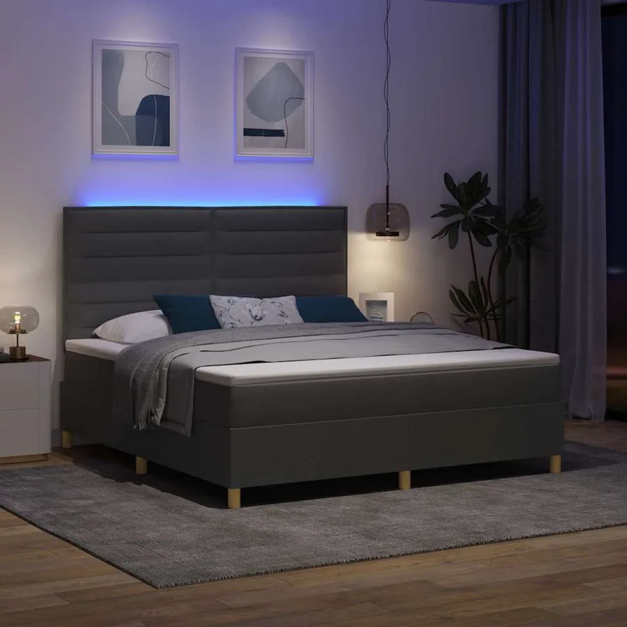 Lit à ressort LED avec matelas Gris foncé 180 x 200 cm tissu - 5