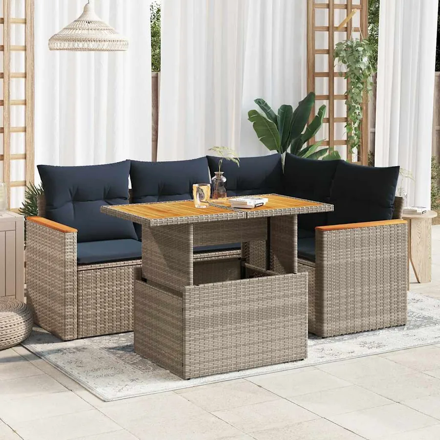 Salon de jardin 5 pcs avec coussins gris résine tressée