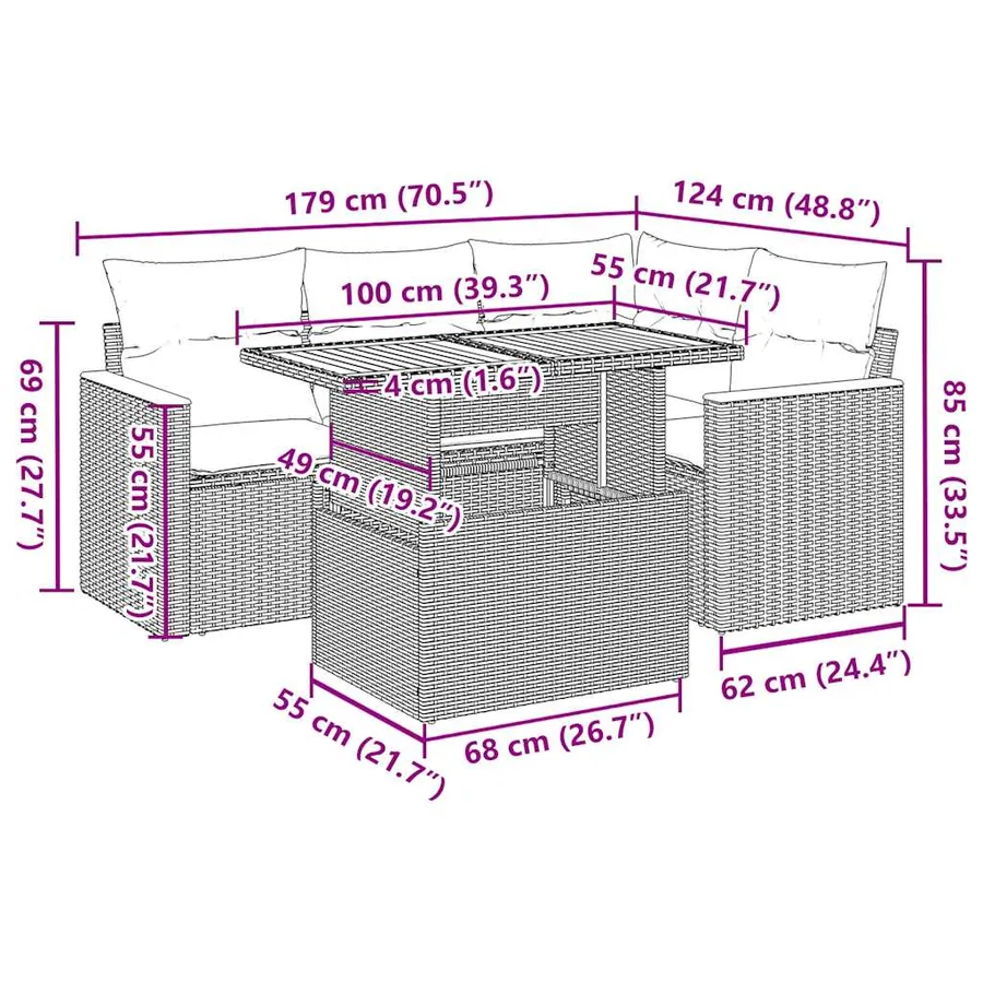 Salon de jardin 5 pcs avec coussins gris résine tressée - 14