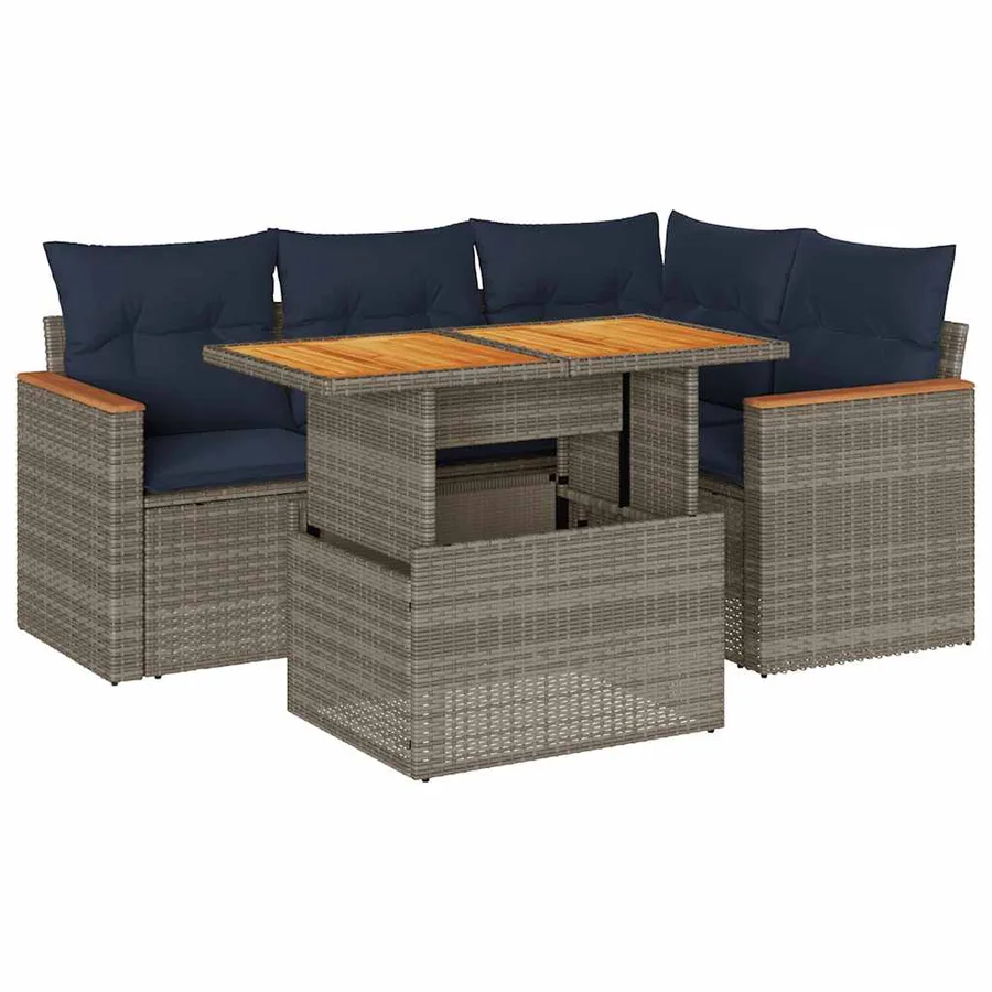 Salon de jardin 5 pcs avec coussins gris résine tressée - 2