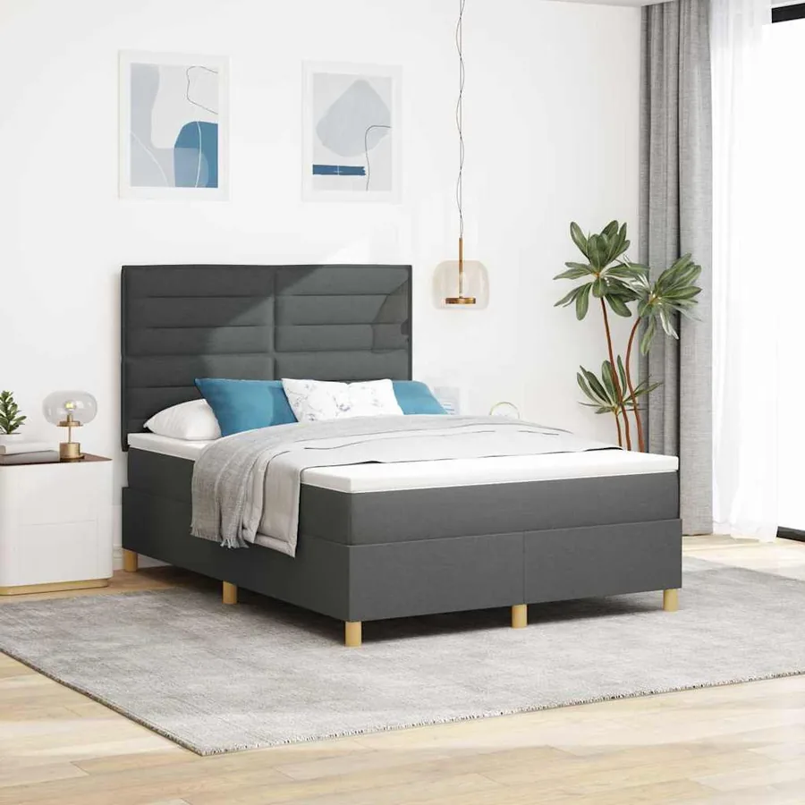 Lit à ressort LED avec matelas Gris foncé 160 x 200 cm tissu