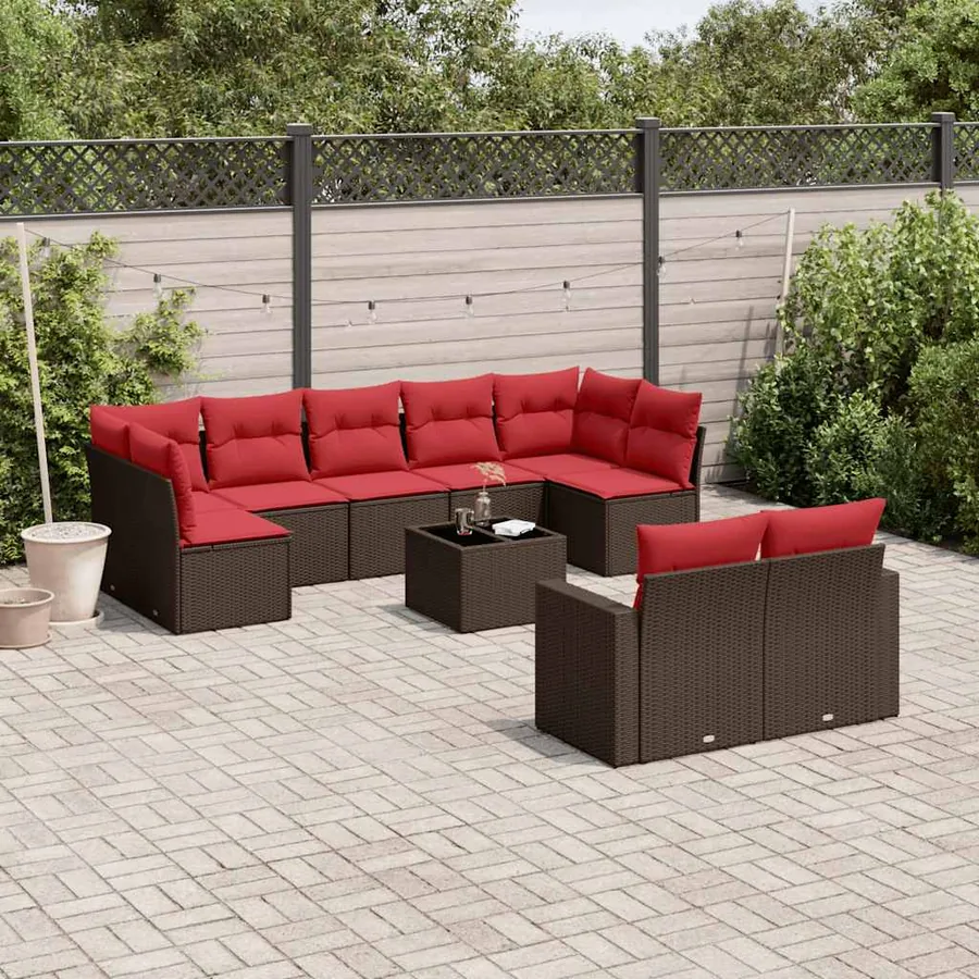 Salon de jardin 10 pcs avec coussins marron résine tressée
