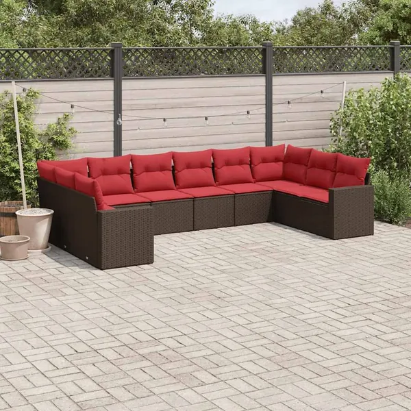 Salon de jardin 10 pcs avec coussins marron résine tressée