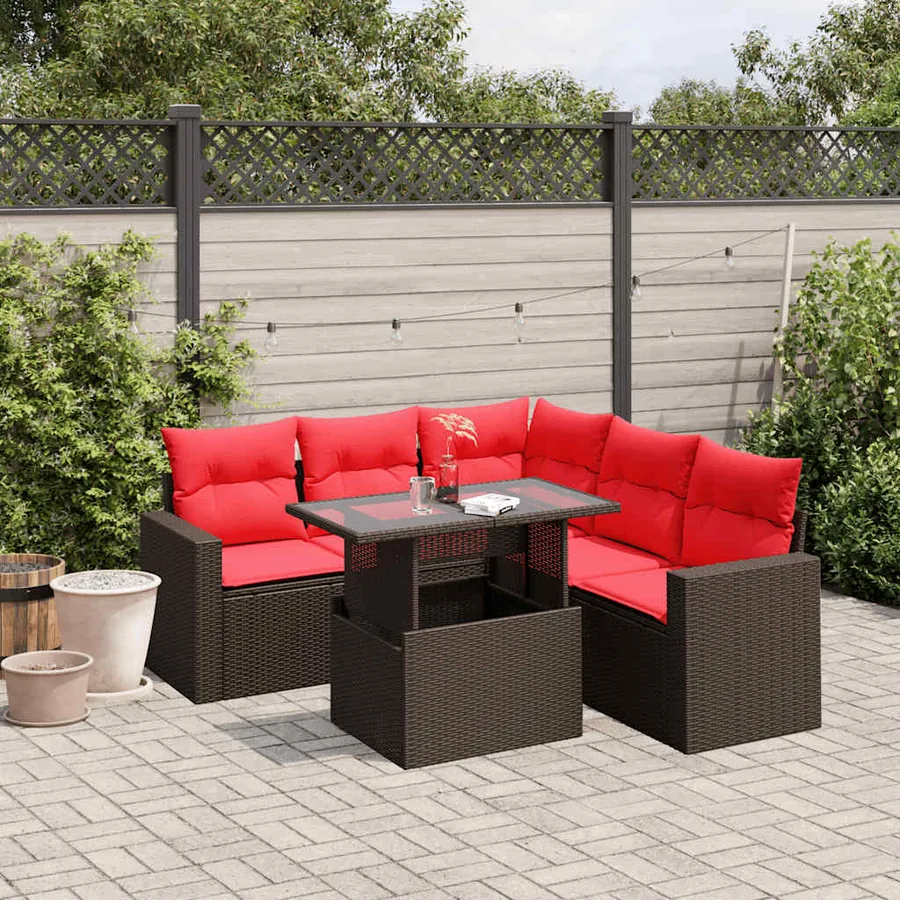 Ensemble de canapé de jardin 6 pcs avec coussins marron résine tressée