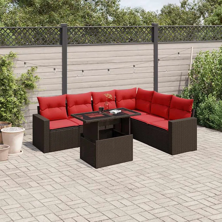 Ensemble de canapé de jardin 7 pcs avec coussins marron résine tressée