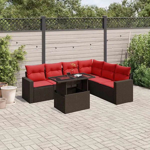 Ensemble de canapé de jardin 7 pcs avec coussins marron résine tressée