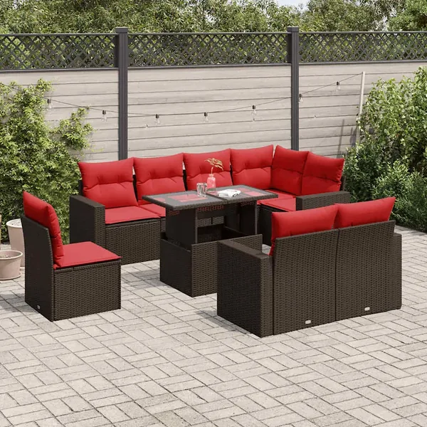 Ensemble de canapé de jardin 9 pcs avec coussins marron résine tressée