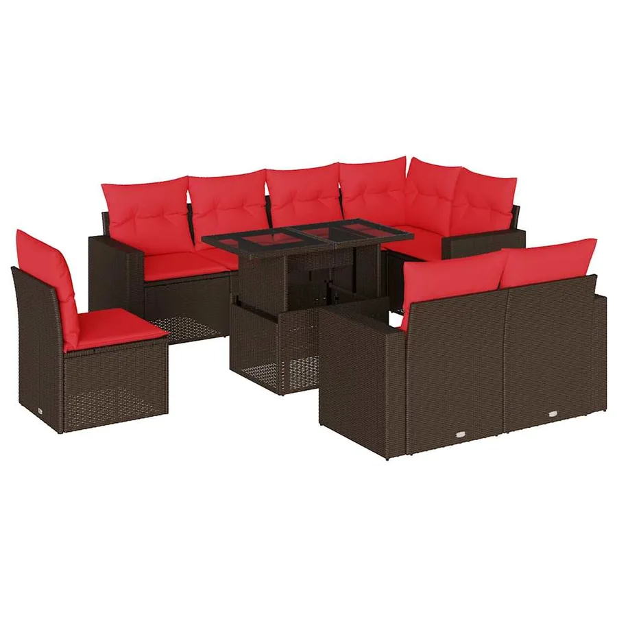 Ensemble de canapé de jardin 9 pcs avec coussins marron résine tressée - 2