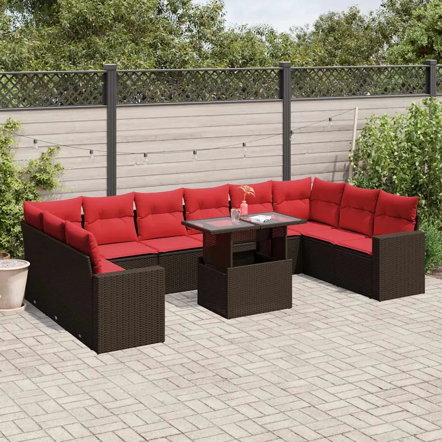 Ensemble de canapé de jardin 11 pcs avec coussins marron résine tressée