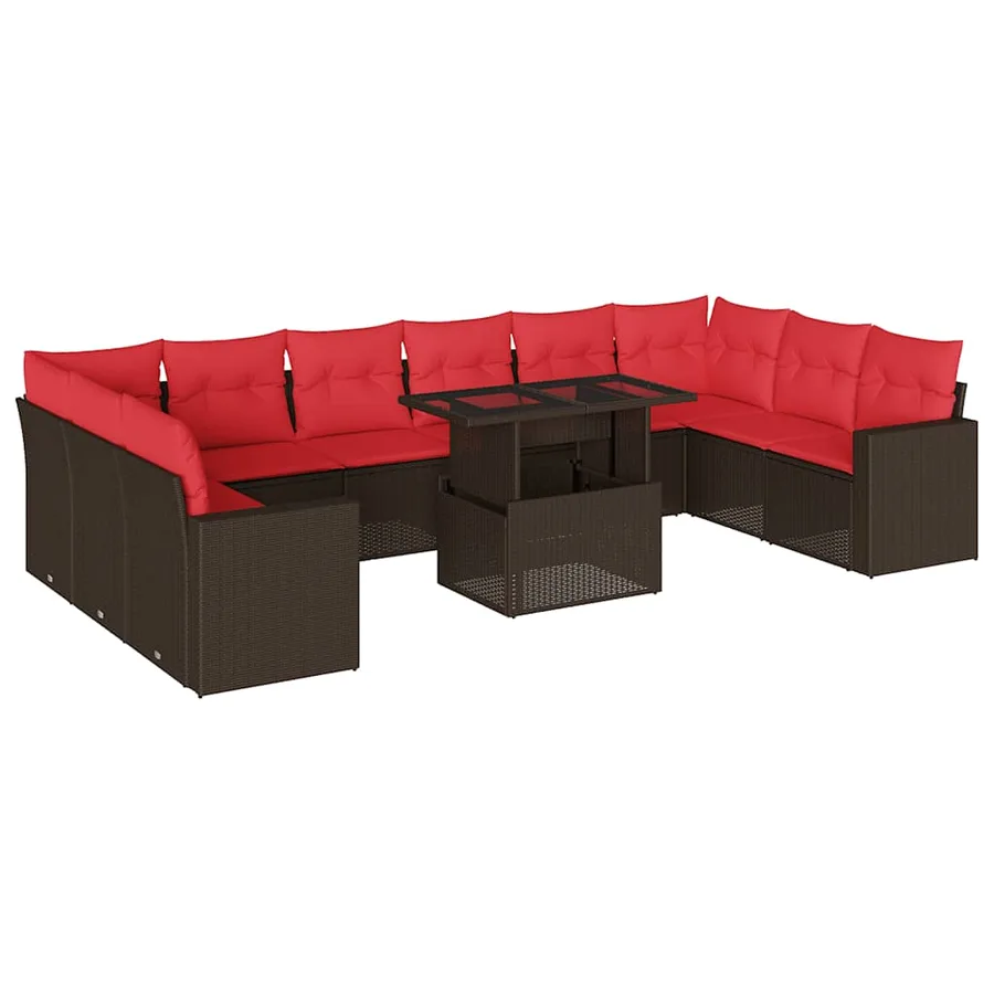 Ensemble de canapé de jardin 11 pcs avec coussins marron résine tressée - 2