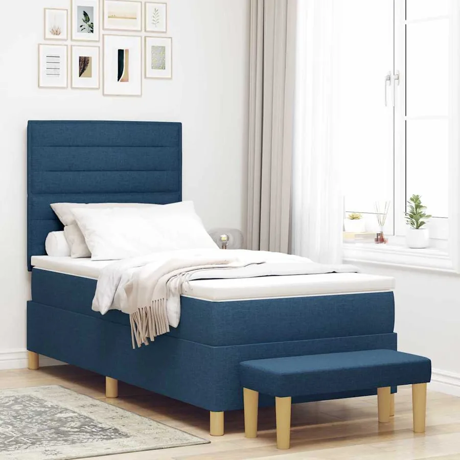 Lit à ressorts avec coussin Bleu 200 x 90 cm tissu