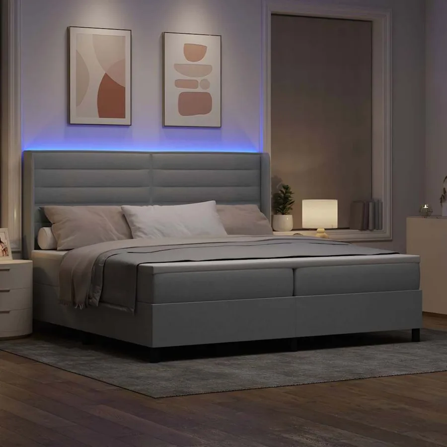 Lit à ressort LED avec matelas Gris clair 200 x 200 cm tissu - 5