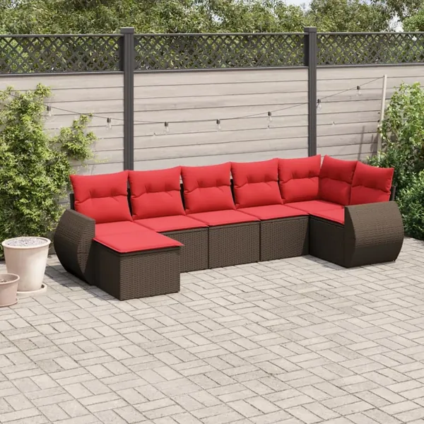 Ensemble de canapé de jardin 7 pcs avec coussins marron résine tressée