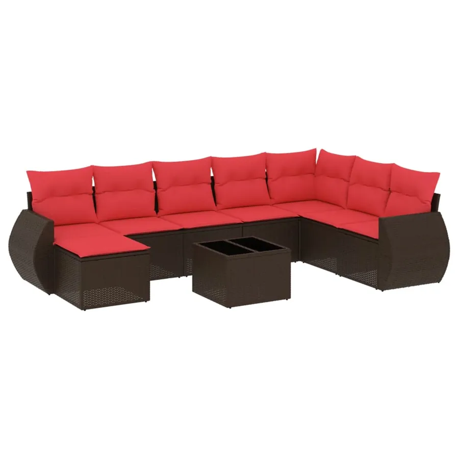 Ensemble de canapé de jardin 9 pcs avec coussins marron résine tressée - 2