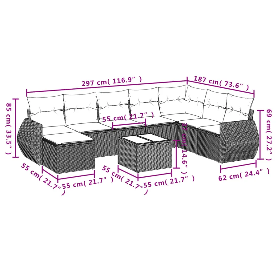 Ensemble de canapé de jardin 9 pcs avec coussins marron résine tressée - 9