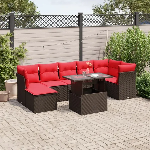 Ensemble de canapé de jardin 8 pcs avec coussins marron résine tressée