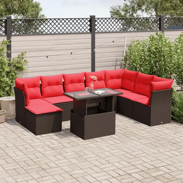 Ensemble de canapé de jardin 9 pcs avec coussins marron résine tressée