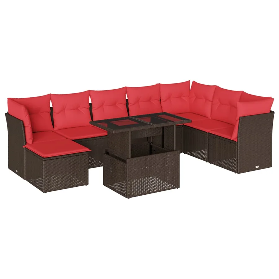 Ensemble de canapé de jardin 9 pcs avec coussins marron résine tressée - 2