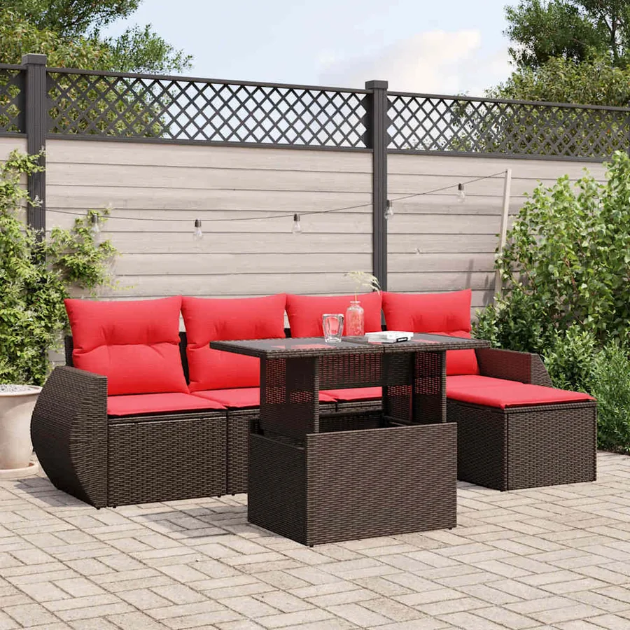 Ensemble de canapé de jardin 6 pcs avec coussins marron résine tressée