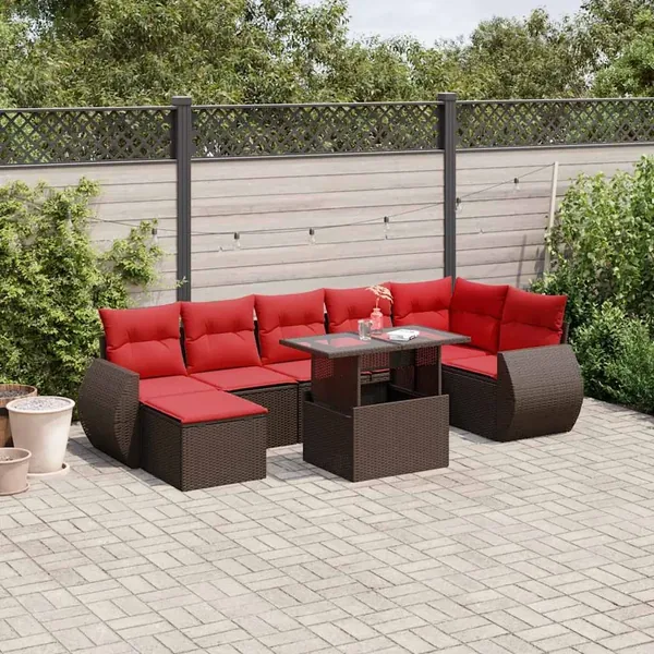 Ensemble de canapé de jardin 8 pcs avec coussins marron résine tressée
