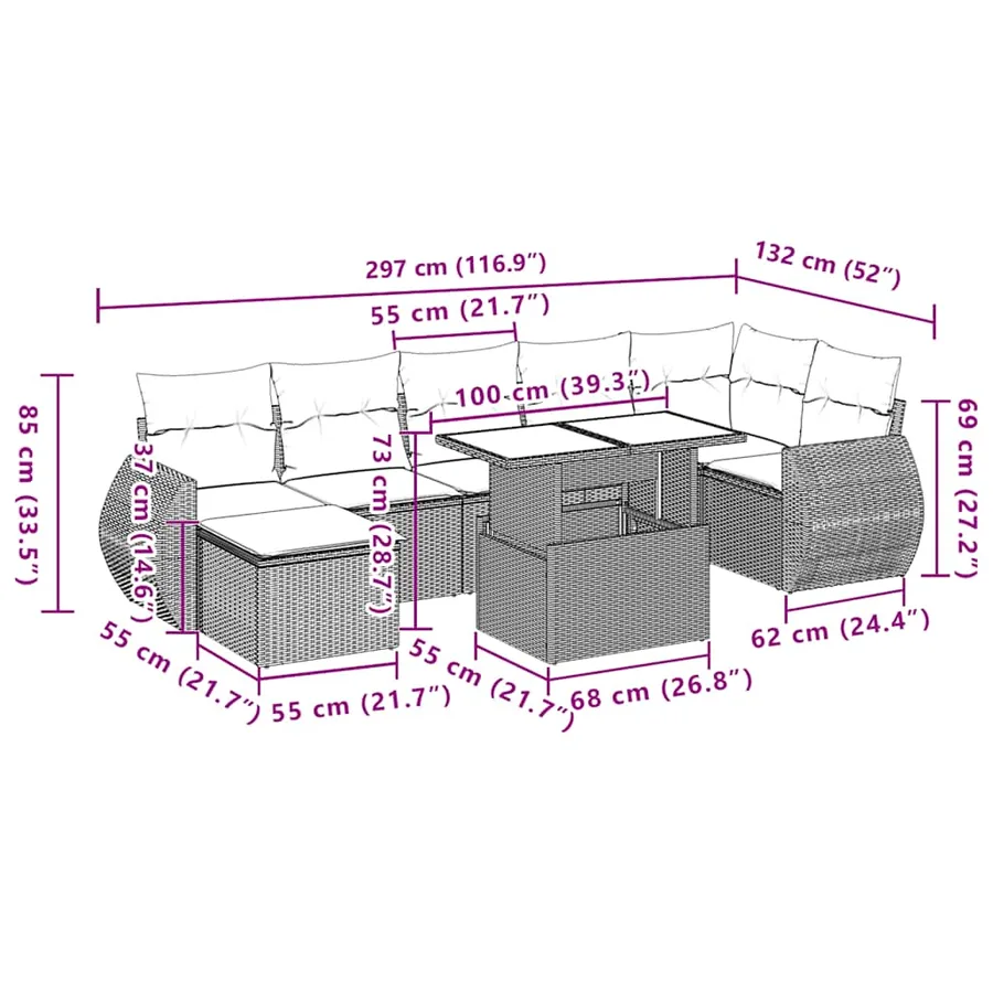 Ensemble de canapé de jardin 8 pcs avec coussins marron résine tressée - 11