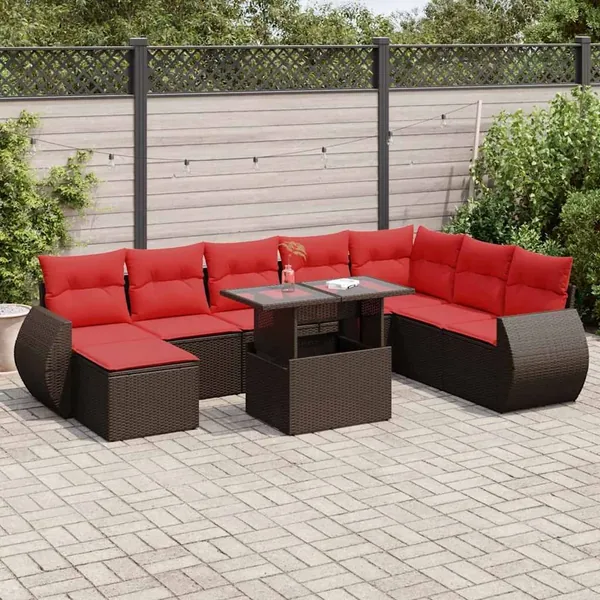 Salon de jardin et coussins 9 pcs marron résine tressée acacia