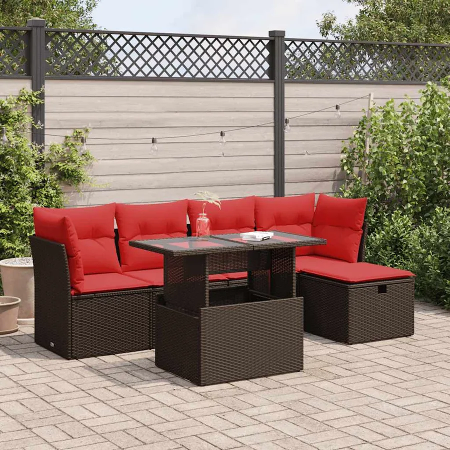 Salon de jardin avec coussins 6pcs marron résine tressée acacia