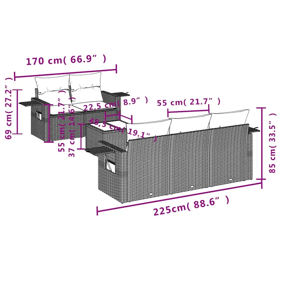 Ensemble de canapé de jardin 6 pcs avec coussins gris résine tressée - 8