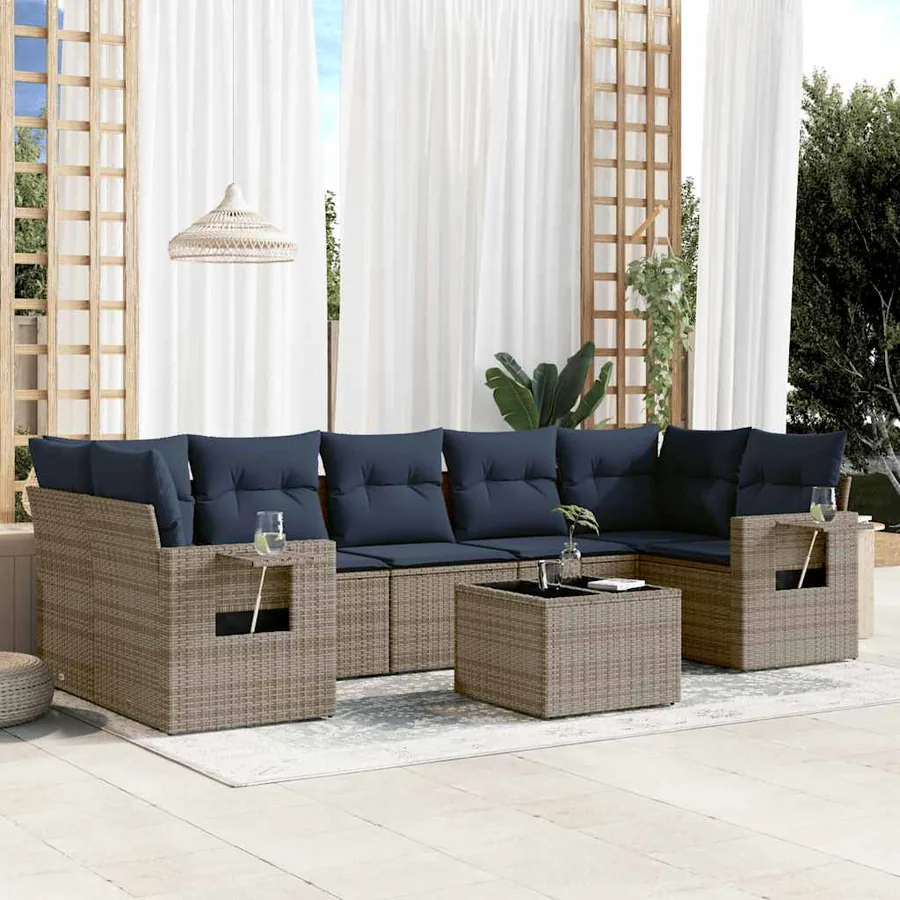 Ensemble de canapé de jardin 8 pcs avec coussins gris résine tressée
