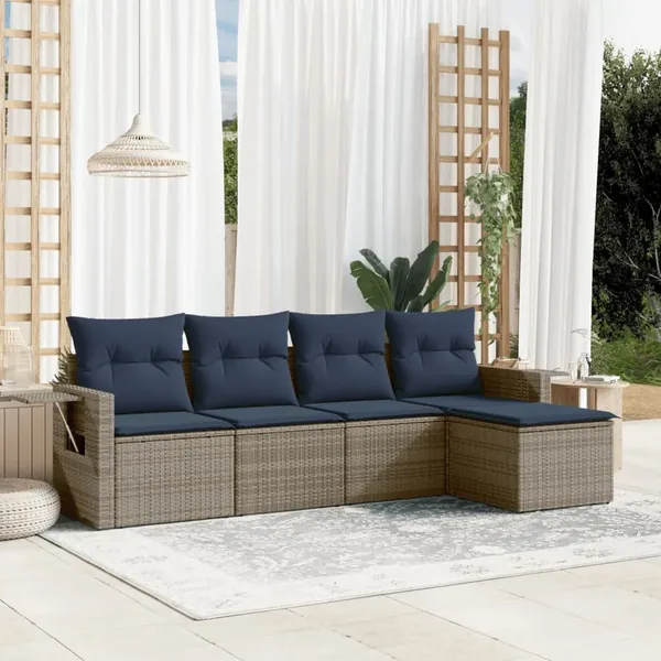 Ensemble de canapé de jardin 5 pcs avec coussins gris résine tressée
