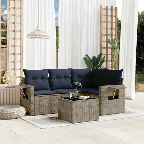Ensemble de canapé de jardin 5 pcs avec coussins gris résine tressée