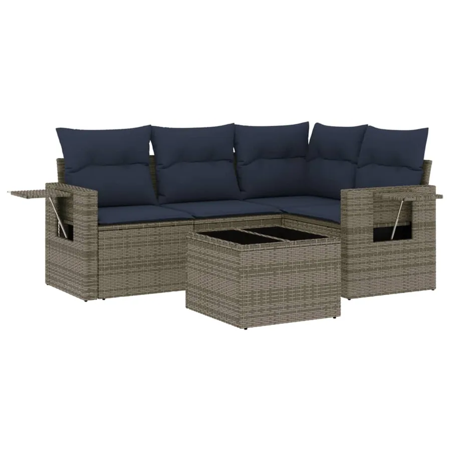 Ensemble de canapé de jardin 5 pcs avec coussins gris résine tressée - 2