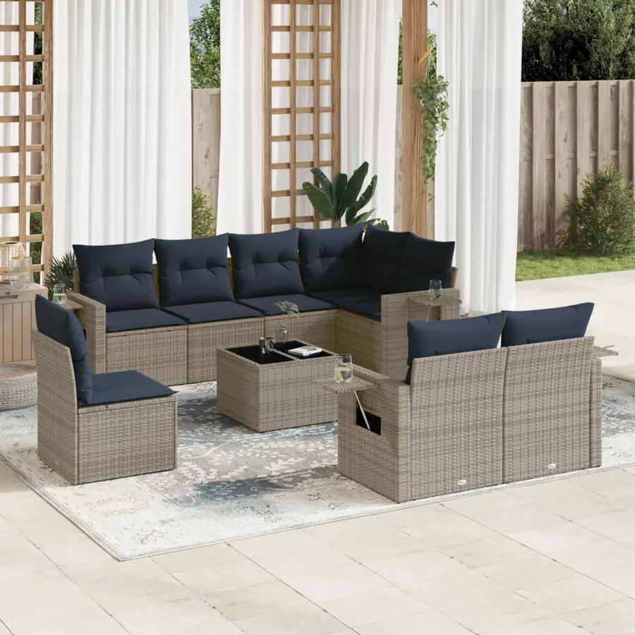 Ensemble de canapé de jardin 9 pcs avec coussins gris résine tressée