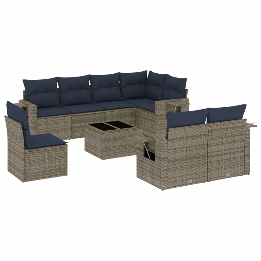 Ensemble de canapé de jardin 9 pcs avec coussins gris résine tressée - 2