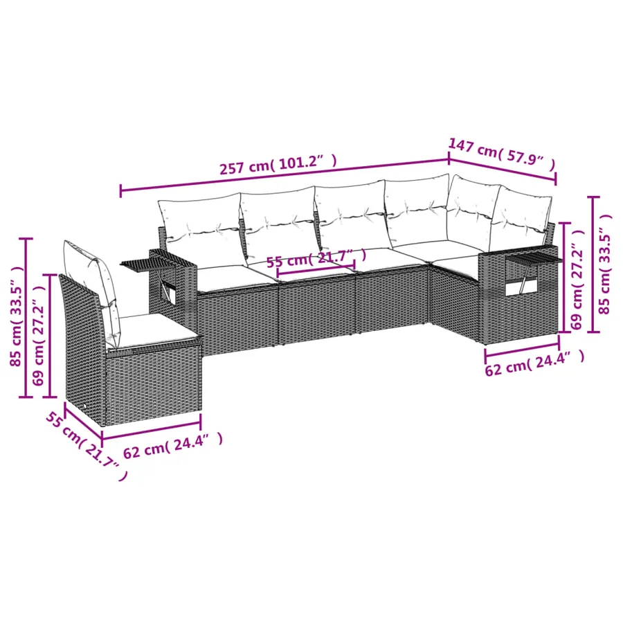 Ensemble de canapé de jardin 6 pcs avec coussins gris résine tressée - 8