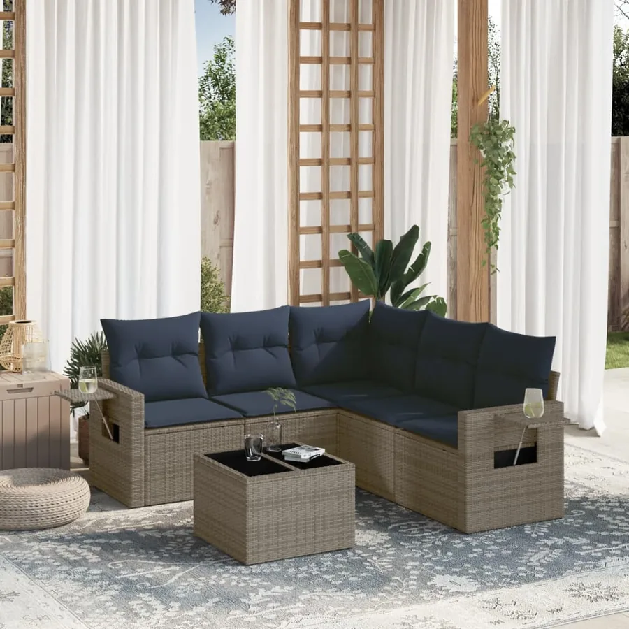 Ensemble de canapé de jardin 6 pcs avec coussins gris résine tressée