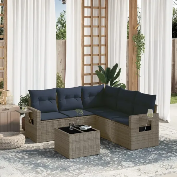 Ensemble de canapé de jardin 6 pcs avec coussins gris résine tressée