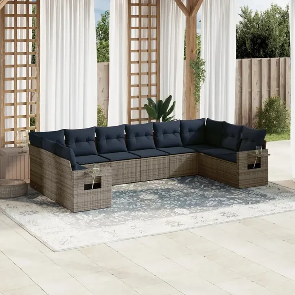Ensemble de canapé de jardin 10 pcs avec coussins gris résine tressée