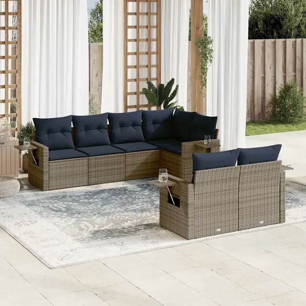 Ensemble de canapé de jardin 7 pcs avec coussins gris résine tressée